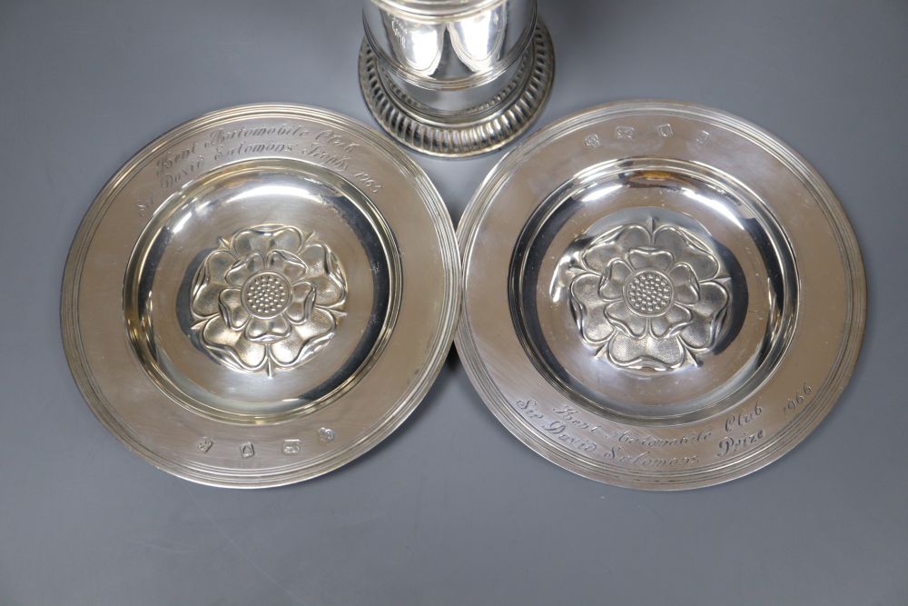 A silver sugar caster, William Comyns, London 1929 and a pair of silver presentation Tudor rose dishes, 1966, 16.5oz.